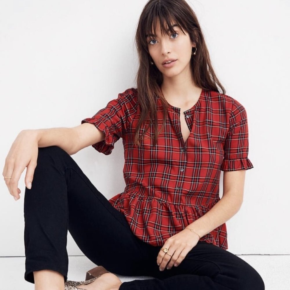 Madewell Red Plaid Peplum Top Size XS